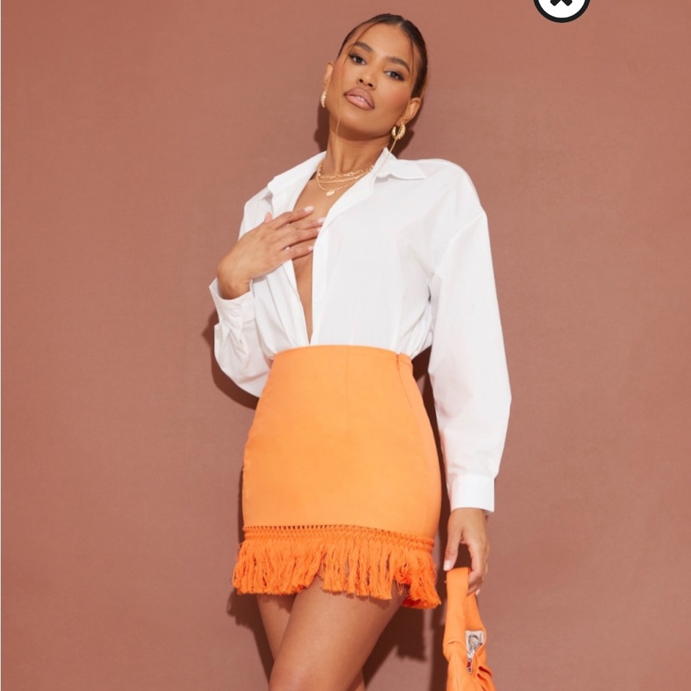 NWT Bright Orange Tassel Fringe Hem Detail Mini Skirt